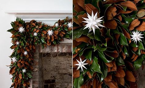 Southern Magnolia Garland: 3 Easy Ways – Garden & Gun Magnolia Leaf Garland, Magnolia Decor, Magnolia Garland, Moravian Star, Magnolia Leaf, Southern Magnolia, Star Ornaments, Themed Decorations, Holiday Garlands