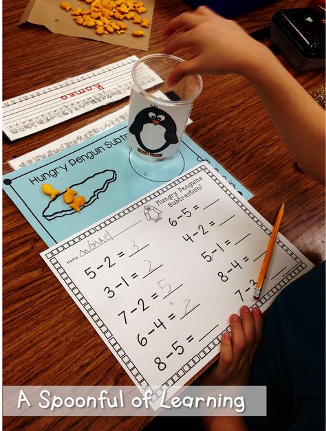 Penguins Subtraction Winter Subtraction Kindergarten, Subtraction Centers Kindergarten, Penguin Kindergarten Activities, Penguin Activities For Kindergarten, Penguin Kindergarten, Subtraction Games Kindergarten, Penguins Kindergarten, Kinder Math Centers, Kindergarten January