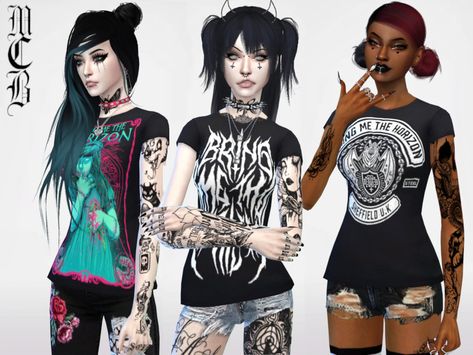 Sims 4 — Bring Me The Horizon T-Shirts by MaruChanBe2 — Three different bmth band shirts. You don't need a mesh, it is a Face Tattoos Sims 4, Skeleton Tank Top, Sims 4 Cc Goth, Skeleton Clothes, Scene Dress, Sims 4 Tattoos, Emo Shirts, Punk Shirt, Sims4 Clothes