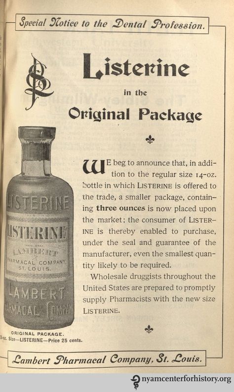 Listerine advertisement in the American Journal of Dental Science, vol. 33, no. 10, February 1900. Edwardian Medicine, Vintage Medication Ads, Edwardian Beauty, Old Pharmacy Design, Vintage Pharmacy Labels, 1950s Pharmacy, School Advertising, Bad Breath Remedy, Snake Oil