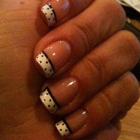 best mani I ever gave myself. Polka Dot Tip Nails, Clear Nails With Polka Dots, Black And White Stripe Nails, Black And White Polka Dot Nails, Purple Polka Dot Nails, Polka Dot French Tip Nails, French Nails Spring, 2000s Nails, French Ideas