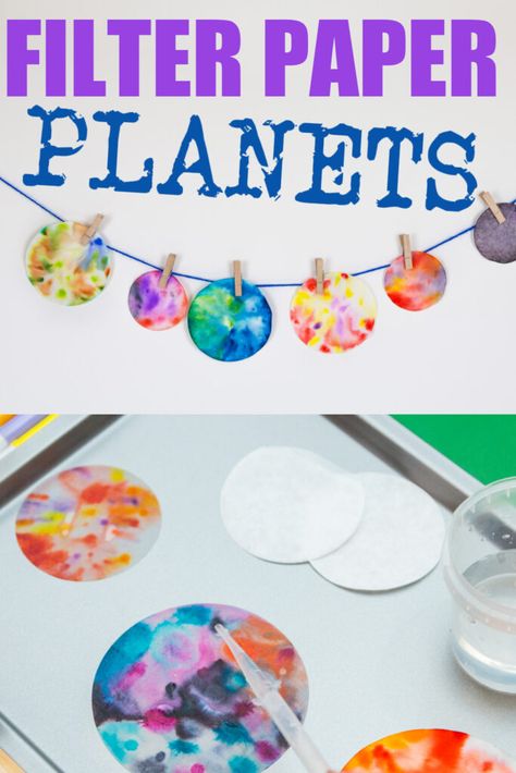 Galaxy Coffee Filter Craft, Coffee Filter Planets, Filter Paper Craft, Planet Crafts For Toddlers, Mars Crafts For Kids, Solar System Experiments For Kids, Planets Arts And Crafts For Kids, Planets Projects For Kids, Solar System Preschool Activities