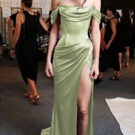 Sheath/Column Off-The-Shoulder Short Sleeves Sweep/Brush Train Silk Like Satin Dresses Color - Dusty Sage Size - Us6-Au/Uk10-Eur36 Measurement Unit - Inch Bust - 34.5 Waist - 27.5 Hips - 37.75 Hollow To Floor - 59 Light Green Dresses Short, Matcha Green Bridesmaid Dress, Sage Green Fairy Dress, Light Green Dress Formal, Sage Green Prom Dress Long, Graduation Dress With Sleeves, Sage Prom Dresses, Sage Green Dress Formal, Pastel Green Prom Dress