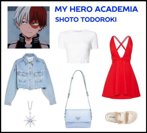 Elevate your style with a fashion fusion inspired by Shoto Todoroki's quirk from My Hero Academia! Our star is a vibrant red, flowy dress layered with a crisp white top, capturing Todoroki's dichotomy. Top it off with a light blue denim jacket, white sandals, and light blue accessories to channel his elemental charm. Let your style sizzle and cool down simultaneously with this Todoroki-inspired outfit. 🔥❄️👗 Cute Outfits Anime Inspired, Mha Inspired Outfits, My Hero Academia Outfits, Light Blue Accessories, Red Flowy Dress, Light Blue Denim Jacket, Cute Sweatpants Outfit, Movie Inspired Outfits, Snk Cosplay