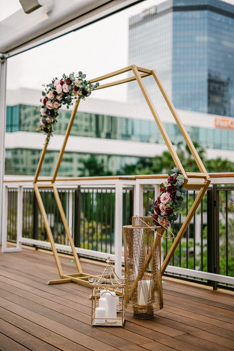 Gold Hexagon Arch with Floral Detailing, Downtown St. Pete Wedding, Gold Wedding Arch, Hexagon Wedding Arch, Ceremony Decor Wedding Arch Hexagon, Wedding Arch Ceremony, Hexagon Wedding Arch, Gold Wedding Arch, Jesus Wedding, Hexagon Arch, St Pete Wedding, Hexagon Wedding, Wedding Gold