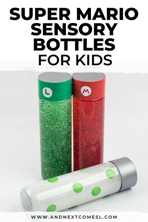 Looking for easy DIY calm down bottles for kids? Find out how to make these Super Mario Bros. themed calming sensory bottles with glitter for kids. #sensory #sensorybottles #supermario #calmdownbottles #calmingbottles Calming Sensory Bottles, Calm Sensory Bottles, Heavy Work Activities, Sensory Bottles Preschool, Diy Sensory Bottles, Calming Bottle, Gestalt Language Processing, Mario Crafts, Light Table Activities