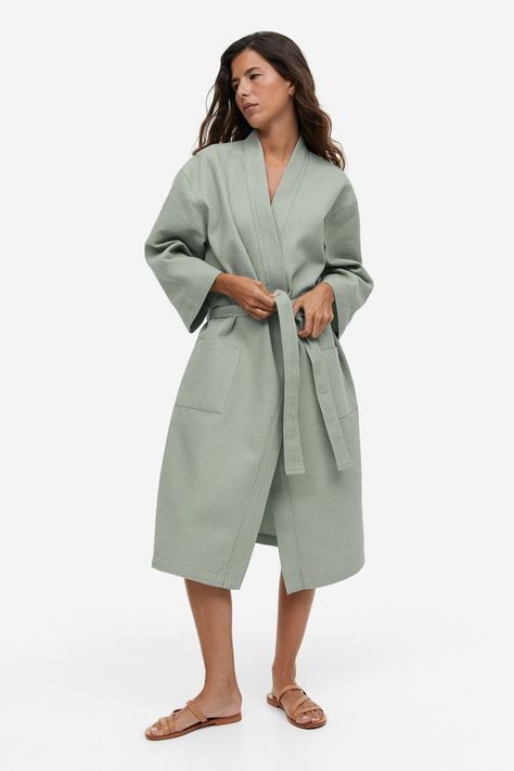 Waffled Bathrobe - Light sage green - Home All | H&M US 1 Light Sage Green, 2023 Wishlist, Timeless Basics, Style Savvy, Waffle Weave, New Place, Tie Belt, Marks And Spencer, Fashion Company