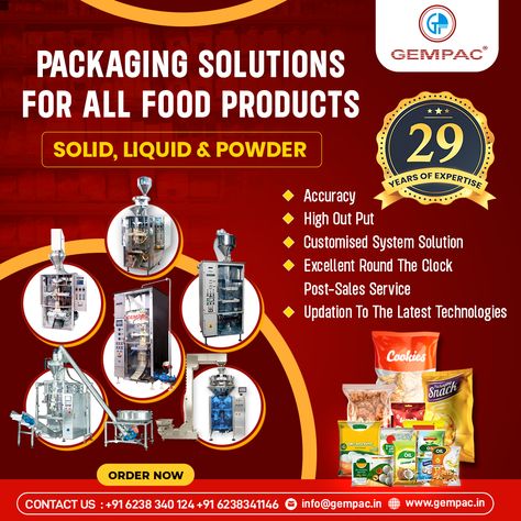 GEMPAC manufactures all kinds of packing machinery, and we have special domain knowledge in food packaging machinery. We are constantly upgrading our technology to meet global standards in manufacturing. For more details contact us. 🌐 www.gempac.in 📧 info@gempac.in 📲 +91 6238340124 📲 +91 6238341146 📲 +91 9847559184 #GEMPAC #PackagingMachines #PackingMachine #Packing #PackagingMachinery #FoodPackaging Packaging Machinery, Travel Poster Design, Cookie Snack, Packing Machine, Packaging Solutions, Food Packaging, Poster Design, Packaging, Technology