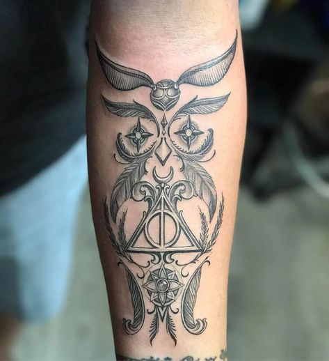 101 Best Harry Potter Tattoo Ideas You Have To See To Believe! - Outsons Black And Grey Harry Potter Tattoos, Harry Potter And Disney Tattoo, Harry Potter Knee Tattoo, Harry Potter Tattoos Sleeve Arm, Harry Potter Symbols Tattoo, Nagini Tattoo, Harry Potter Leg Tattoos, Harry Potter Snitch Tattoo, Harry Potter Sleeve Tattoo For Women