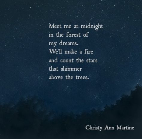 "Meet me at midnight in the forest of my dreams... We'll make a fire and count the stars that shimmer above the trees." Christy Ann Martine Midnight Quotes, Night Poem, Christy Ann Martine, Love Poem For Her, Quotes Dream, Moon Quotes, Star Quotes, Robert Kiyosaki