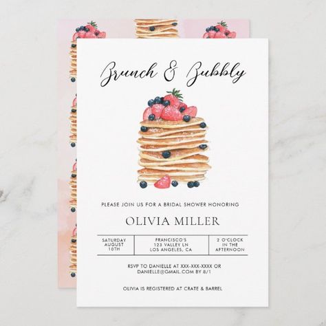 Elegant Watercolor Brunch & Bubbly Bridal Shower Invitation Pink Bridal Brunch, Pink Pancakes, Bridal Shower Brunch Invitations, Brunch Bubbly, Bridal Brunch Invitations, Elegant Baby Shower, Baby Shower Brunch, Elegant Bridal Shower, Brunch Invitations