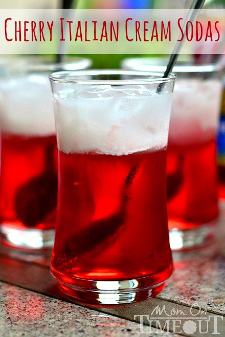 Cherry Italian Cream Soda:  6 oz club soda;  2 oz Cherry flavored Torani syrup (or your favorite flavor);  1 oz heavy cream or half and half;  ice. Fill tall glass two thirds full with ice. Pour in flavored syurp. Top off with club soda. Float cream on top. Stir just before drinking. If you are experiencing curdling, try mixing syrup+cream first+adding club soda. Cherry Cream Soda, Italian Cream Soda, Mom On Timeout, Italian Cream, Italian Soda, Boozy Desserts, Italian Ice, Munnar, Jello Shots