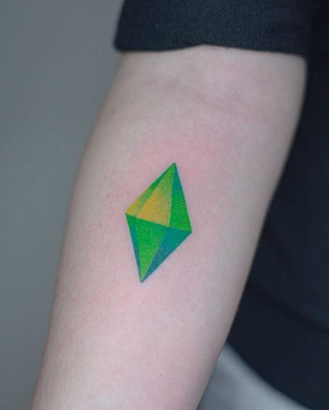 Plumbob Tattoo, Sims Tattoos, Disney Sleeve Tattoos, Inner Forearm Tattoo, Inner Forearm, Kawaii Tattoo, Hand Poked Tattoo, Gaming Tattoo, Stomach Tattoos