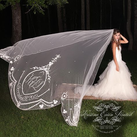 Monogrammed Veil with Wedding Date!  @ Something Tulle...800-321-VEIL Writing On Veil, Veil Writing, Veils Bridal With Name, Monogrammed Veil, Personalised Wedding Veil, Lapland Wedding, Veil Word Embroidery, Embroidery Veil, Veil Ideas