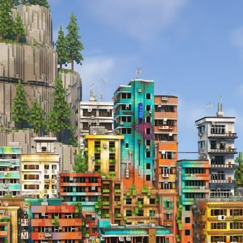 Airtug on Instagram: "The Colorful City

This was an abandoned project from last year that I decided to pick back up this year and finish. I wanted to make a small cliffside city with many different colors inspired by some Hong Kong street architecture. Let me know what you guys think of it.

I’ll eventually put this up as a world download on Patreon as well 

#minecraft #minecraftbuild #minecraftonly #minecrafter #minecraftpe #minecraftdaily #minecraftcreations #minecraftpe #minecraftpocketedition #minecraftmemes #minecraftmeme" Abandoned City Minecraft, Minecraft Dystopian City, Minecraft City Street, Cliffside City, Minecraft Abandoned, Minecraft Overgrown, Minecraft Cyberpunk, Minecraft Modern City, Minecraft Shops