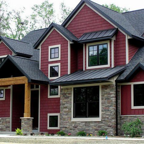 House Exterior Red Roof, Red House Exterior, Colour House, House Exterior Ideas, Grey Exterior House Colors, Red Roof House, Exterior House Siding, Gray House Exterior, Red Houses