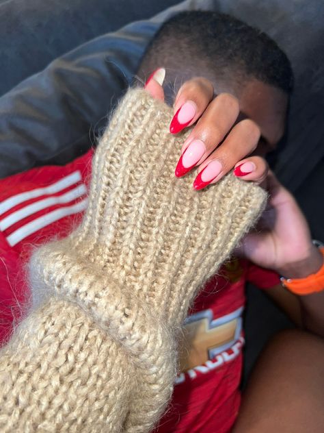 Pink Nails Red French Tip, Thick Red French Tip, Pink Nail Red Tip, French Nails With Red Tips, Pink Nails With Red French Tip, Red Almond French Tip Nails, Red Almond Nails French Tip, Red French Tip Nails With Rhinestones, Pink And Red French Tip Nails