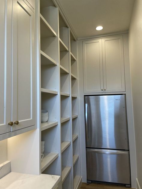 Scullery With Fridge, Narrow Walk In Pantry With Freezer, Visible Pantry Ideas, Pantry Connected To Kitchen, Fridge In Walk In Pantry, Narrow Scullery Ideas, Secret Butlers Pantry, Pantry With Upright Freezer, Walk In Pantry With Freezer Inside