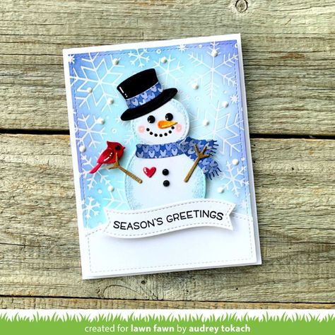 Lawn Fawn Intro: Build-A-Snowman - Lawn Fawn Build A Snowman Lawn Fawn, Snowman Card Ideas, Lawn Fawn Build A Snowman, Xmas Snowflakes, Blended Backgrounds, Chrismas Cards, Winter Paper, Lawn Fawn Blog, Christmas Snowmen