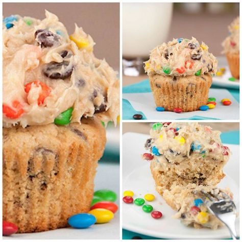 Monster Cookie Dough Cupcakes....these are the BEST Cupcake Ideas! Monster Cookie Dough, Cookie Cupcakes, Cookie Dough Cupcakes, Cookie Dough Frosting, Fun Cupcake Recipes, Peanut Butter Cupcakes, Butter Cupcakes, Monster Cookie, Cupcake Recipe