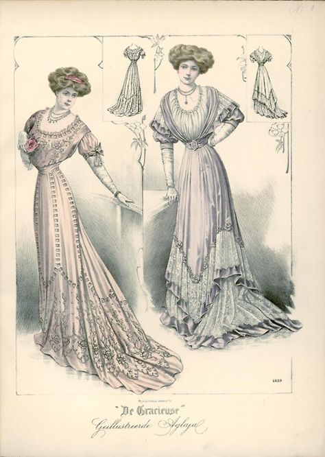 Evening dresses, 1908 the Netherlands, De Gracieuse Fashion Printables, 1908 Fashion, Edwardian Fashion Plates, 1900s Fashion, Dress History, Fashion Illustration Vintage, Edwardian Dress, 20th Century Fashion, Old Fashion