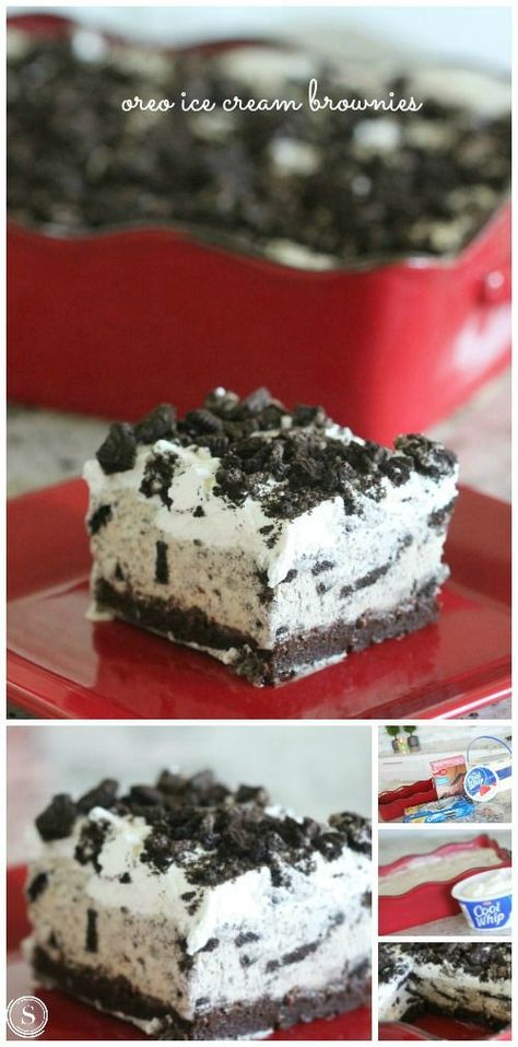 Oreo Ice Cream Brownies Dessert Recipe! Easy frozen dessert for parties, birthdays, holidays, and celebrations! Freezer Desserts Recipes, Brownie Desserts Recipes, Weight Watcher Desserts, Oreo Ice Cream, Brownie Ice Cream, Ice Cream Dessert, Ice Cream Cookie Sandwich, Brownie Desserts, Oreo Recipes