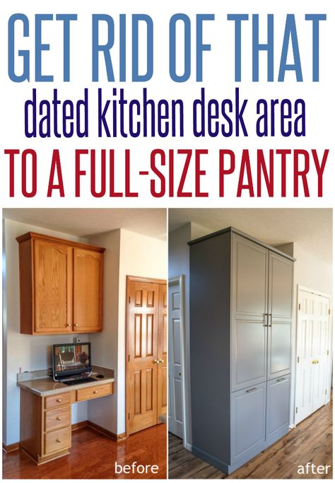 DIY Kitchen Storage Ideas | Turn that dated kitchen desk area into a full size pantry with IKEA Sektion Tall Cabinets! Sektion Pantry, Kitchen Desk Area, Diy Kitchen Storage Ideas, Kitchen Desk Areas, Pantry Redo, Country Bedroom Furniture, Dated Kitchen, Ikea Sektion, Tall Cabinets