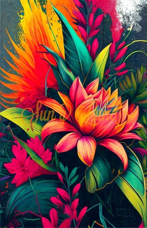 Pachamama Tattoo, Tropical Pics, Tropical Wall Mural, Wall Art Collage, Wallpaper Wall Art, Jungle Flowers, Lotus Flower Art, Lotus Painting, Flower Mural