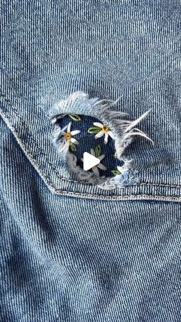 Mending Holes With Embroidery Flower, Inbrodery Ideas, Embroider Holes In Clothes, Embroidery Hole Repair, Mending Jeans, Embroidery Magic, Learning To Embroider, Denim Embroidery, Make Do And Mend