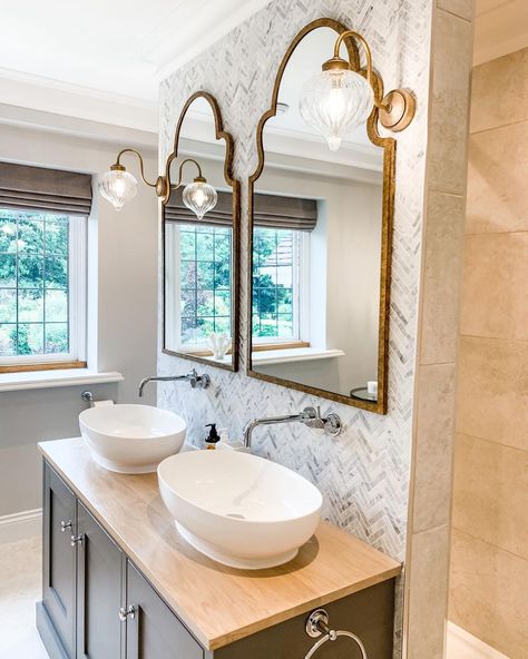 Shower Behind Sink, Shower Behind Vanity Wall, Shower Behind Vanity, Marble Herringbone, His And Hers Sinks, Stud Walls, Round Mirror Bathroom, Single Vanity, Framed Bathroom Mirror