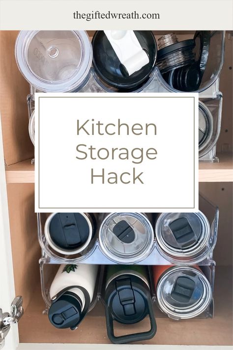 Tired of rolling water bottles that won't' stay put in your kitchen cabinets? I found the perfect water bottle storage solution that fits any tumbler and yeti. Click the link to shop this amazing Amazon find! Yeti Cup Storage, Yeti Storage Ideas, Yeti Storage, Tumbler Storage Ideas, Kitchen Storage Hacks, Water Bottle Storage, Gym Bottle, Style Pantry, Space Saving Hangers