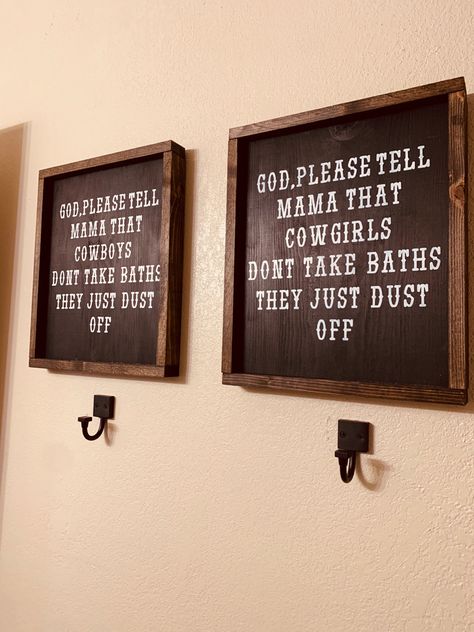 Western Signs For Bedroom, Western Home Decor Ranch Style Bathroom, Western Bedroom Signs, Western Bathroom Wall Decor, Western Kids Bathroom, Outdoorsy Living Room Decor, Western Tv Wall, Cowboy Bathroom Ideas, Western Half Bath