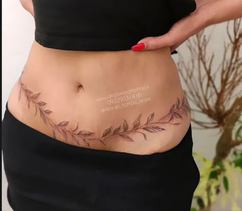 Tuck Tattoos, Women Tummy Tattoo, Yummy Tuck Tattoos, Lower Abdominal Tattoos For Women, C Section Scar Tattoo Ideas, Mommy Makeover Tattoo, Belly Scar Tattoo Cover Up, Stomach Tattoos Women Cover Scars, Tattoo Cover Scar Belly