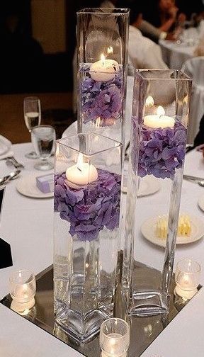 Non Flower Centerpieces, Purple Wedding Centerpieces, Purple Centerpieces, Cheap Wedding Centerpieces, Flowers And Candles, Wedding Reception Planning, Rustic Wedding Decorations, Purple Stuff, Purple Wedding Theme