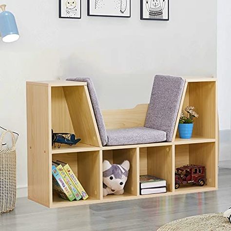 JOYBASE Kids Bookcase with Reading Nook, 6 Cubby Storage and Cushion, Kids Bookshelf with Seat, Natural Bench Reading Nook, Toddler Storage, Bookcase Bench, Open Shelving Units, Daybed With Drawers, Storage Cubby, Soft Chair, Daybed With Storage, Furniture Bookshelves