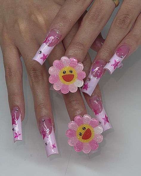 Murakami Flower Nails, Murakami Nails, Extra Nails, California Nails, Pink French Nails, Beach Nail, 2023 Pink, Airbrush Nails, Y2k Nails