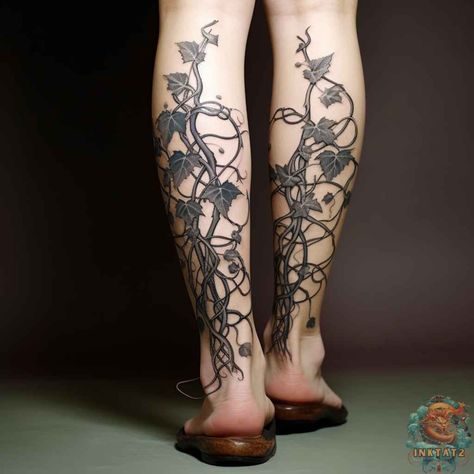 Spooky Vine Tattoo, Vine Tattoo Knee, Thorny Vine Tattoo, Thorn Vine Tattoo, Vine Leg Tattoo, Side Leg Tattoo, Vines Tattoo, Flower Vine Tattoos, Ivy Tattoo