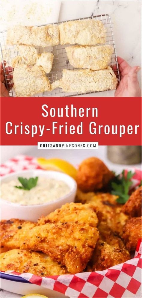 Quick and easy crispy fried grouper is a simple, kid-friendly, main dish that will quickly become a family favorite. This Southern favorite has a crunchy golden crust and well-seasoned, mild, sweet, lean fish. This deep-fried wonder is made with only a few ingredients and can be on your table in 30 minutes. This fried grouper recipe is perfect for a quick weeknight dinner, a causal fish fry, or a Cinco de mayo celebration! Fried Grouper Bites, Grouper Bites Recipe, Air Fried Grouper Recipes, Fried Grouper Recipes, Grouper Fingers, Fried Grouper, Grouper Recipe, Breaded Fish Recipe, Grouper Recipes