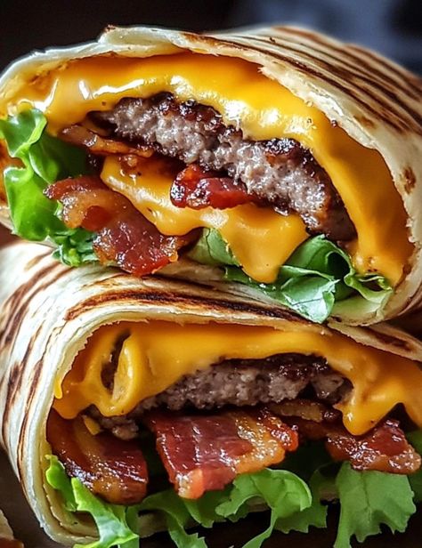 Health meal, low carbs meals, keto meal Tortilla Burger Cones, Cheeseburger Wrap Recipe, Cheesy Bacon Burger Wraps, Bacon Cheeseburger Wraps, Tortilla Burger Wrap, Cheese Burger Wraps, Burger Wraps Tortilla, Bacon Wrapped Cheeseburger, Wrap Burger