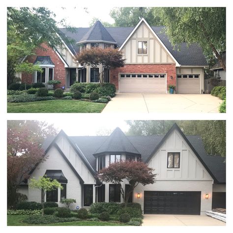 Painted brick. Updated 1984 Tudor. Modern Tudor Paint Exterior, Tudor Remodel Exterior Before And After, Modern Tutor, English Tudor House Exterior Update, Tudor Update Exterior, Modern Tudor House Exterior Brown Roof, Homestead Exterior, Modern Tudor House Exterior, Updated Tudor