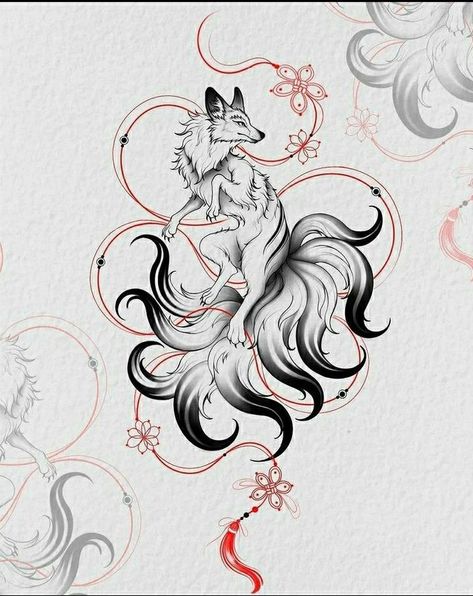 Tattoo Fox Design, White Fox Tattoo, 9 Tailed Fox Tattoo, Nine Tailed Fox Tattoo, Kitsune Art, Tattoo Zone, Fox Tattoo Design, Woodcut Tattoo, Magic Runes