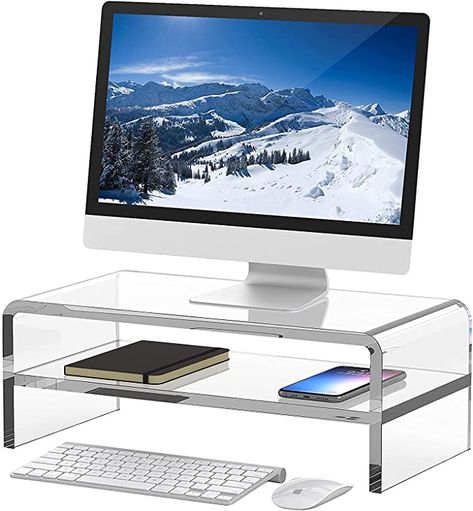 Acrylic Monitor Stand, Desk Organizer Shelf, Computer Desk Organization, Computer Riser, Clear Desk, Feminine Home Offices, Monitor Riser, Organizer Shelf, Printer Stand