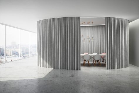 Acoustic Divider Vario by Création Baumann | STYLEPARK Acoustic Divider, Curtain Divider, Photography Studio Design, Acoustic Fabric, Garage Style, Drapery Designs, Divider Wall, Curtain Designs, Office Interior Design