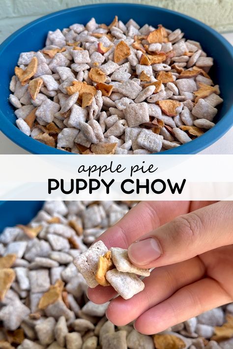 No need to turn on the oven to make this apple pie puppy chow! Full of apple pie spices and dried apple chips, this snack mix is a fall twist on a classic favorite! The combo of apple pie spice and apple chips is what gives this puppy chow a sweet, fall twist. This snack mix is a staple for nearly any fall gathering, including parties and holidays like Thanksgiving or Halloween! Apple Muddy Buddies, Apple Pie Puppy Chow, Thanksgiving Puppy Chow Chex Mix Recipe, Thanksgiving Puppy Chow, Easy Puppy Chow Recipe, Easy Puppy Chow, Puppy Chow Cookies, Dried Apple Chips, Caramel Apple Bites