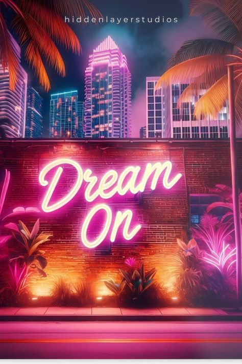 Immerse yourself in the vibrant allure of Miami after dark with this luminescent sticker. 'Dream On' lights up the scene in radiant neon script, nestled against a backdrop of lush palms and a glimmering urban skyline. This piece captures the quintessential Miami spirit — where tropical charm meets the city's pulsing nightlife. It's a nostalgic nod to the retro glow of the '80s, perfect for dreamers and night owls alike. Miami Graphic Design, Tropical Night Party, 80s Miami Aesthetic, Miami Neon, Flawless Makeup Look, Miami Street, Ellis Brooklyn, Miami Nightlife, Miami Nights