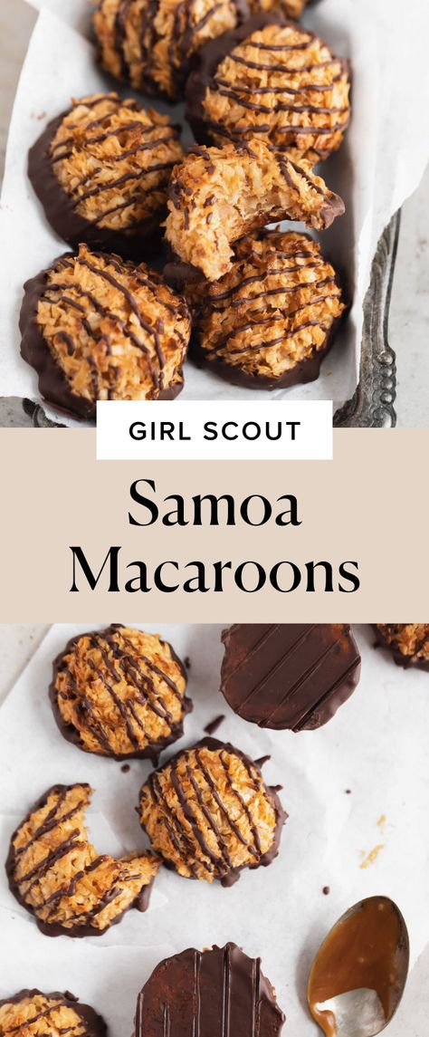 It’s girl scout cookie season all year long with these samoa macaroons AKA the best salted caramel macaroons you’ll ever have. These caramel coconut macaroons are loaded with homemade caramel and dipped in chocolate for a rich, chocolate-y finish. #girlscoutcookies #homemadegirlscoutcookies #homemadesamoas #macaroons #macaroonrecipe Special Occasion Desserts, Gooie Cookies, Salted Caramel Coconut Macaroons, Caramel Coconut Macaroons, Caramel Macaroons, Salted Caramel Macaroons, Coconut Caramel Cookies, Salted Caramel Macarons, Chocolate Coconut Macaroons