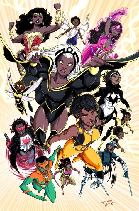 Black Superheroines (Commission)Nubia, Darla (Marvel Family), Star Sapphire (Fatality), Bumblebee, Storm, Spectrum, Crimson Avenger, Ladyhawk, Empress, Vixen, Silhouette, Lightning and Thunder. (No... Female Comic Book Characters, Crimson Avenger, Marvel Family, Cosmic Universe, Black Comics, Arte Dc Comics, Black Cartoon Characters, Dc Comics Superheroes, Bd Comics