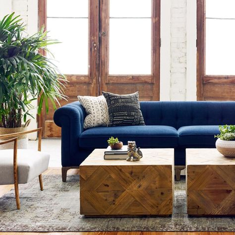 See this Instagram photo by @highfashionhome • 194 likes Blue Sofa Living, Blue Velvet Couch, Navy Sofa, Velvet Tufted Sofa, Blue Couches, Sofa Colors, Blue Sofa, Blue Living Room, Exposed Wood