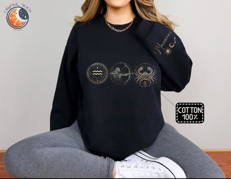 Custom BIG THREE Astrology Signs Sweatshirt | Custom sun moon and rising sign sweatshirt | Big three gift | Custom Astrology Sweatshirt | Big Three Astrology, Astrology Sweatshirt, Sun Moon And Rising, Rising Sign, Orange Moon, Warm Fabric, Big Three, Astrology Gift, Sign Printing