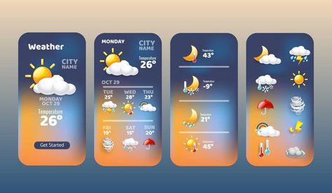 weather forecast widget collection icon mobile application program with Rain Cloud Sun Snowing Windy and Sunlight symbol vector illustration concept Weather Forecast Background, Studios Background, Weather App Design, Weather Names, Pubmat Ideas, Weather Application, Weather App, Mobile App Design Inspiration, Weather Update